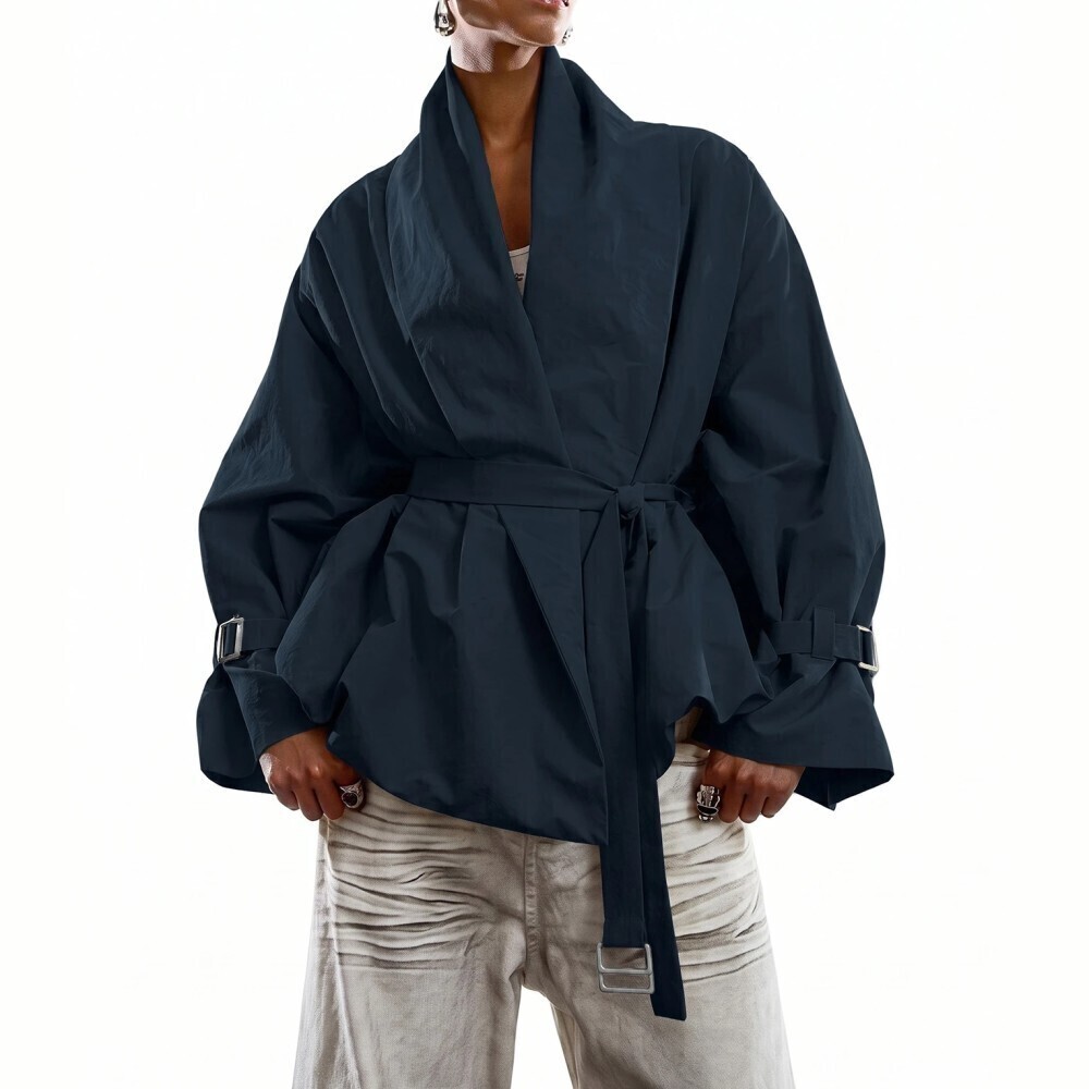 Navy Shawl Collar Balloon Hem Belted Oversized Trench Coat Jacket